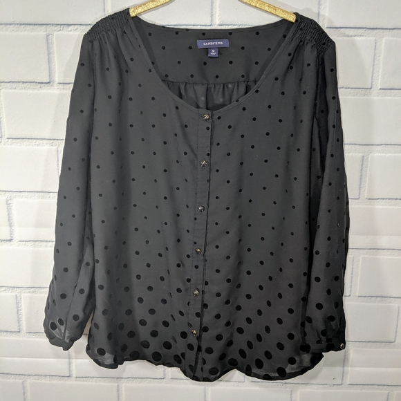 Lands' End Black Blouse W Velvet Dots Jewel Button